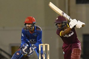 Shai Hope drives through the off-side during his unbeaten 48 in Sunday’s second ODI against Afghanistan. (Photo courtesy CWI Media) 