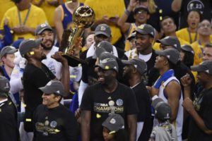  akland, CA, USA; Golden State Warriors forward Kevin Durant hoists the Larry O’Brien Trophy after defeating the Cleveland Cavaliers in game five of the 2017 NBA Finals at Oracle Arena. Mandatory Credit: Kyle Terada-USA TODAY Sports