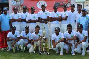 The victorious Demerara under-19 team with the secretary of the GCB and Hand-in-Hand’s representative Shafeena Juman (extreme right) (Photo by Royston Alkins) 