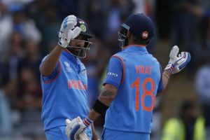  India v Bangladesh - 2017 ICC Champions Trophy Semi Final - India’s Rohit Sharma and Virat Kholi (right) celebrate winning the match (Reuters / Paul Childs) 