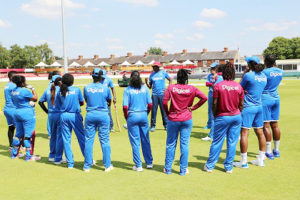 West Indies Women discuss plans during a training session in Leicester. (Photo courtesy CWI Media) 