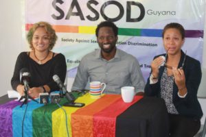 From left to right are Human Rights Co-ordinator of SASOD, Earnestine Leonard; Managing Director of SASOD, Joel Simpson and SASOD’s Board Secretary, Alana Da Silva.