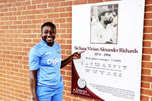 SEEKING INSPIRATION! Captain Stafanie Taylor admires a portrait of former West Indies captain Sir Vivian Richards during the team’s training at Taunton. (photo courtesy of CWI)
