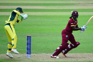 (Caption) West Indies Women captain Stafanie Taylor cuts during her 45 against Australia yesterday. (Photo courtesy ICC) 