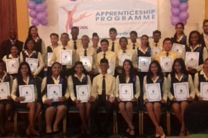 The graduates of Republic Bank Guyana’s 2016-2017 Youth Link Apprenticeship Programme, along with representatives of Republic Bank. On the far right in the rear is Managing Director of the bank Richard Sammy.