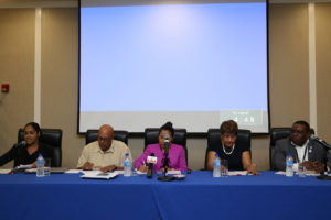 The panel at the launch of the CCWA conference. From left are Guyana Water Incorporated (GWI) Public Relations Officer Leana Bradshaw; GWI Managing Director Dr Richard Van West-Charles; Minister within the Ministry of Communities Dawn Hastings; Executive Director of CCWA Patricia Aquing; and GWI’s Executive Director of Commercial Services and Customer Relations Marlon Daniels.