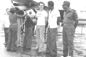 Tradewinds arriving at Guyana National Service base in Kimbia, Berbice River, 1976
(L-R) Freddy Abdool, Terry Dyal, Clive Rosteing, Dave Martins, Maurice Pierre, Vibert Cambridge  (Officer presenting garlands, unidentified)   