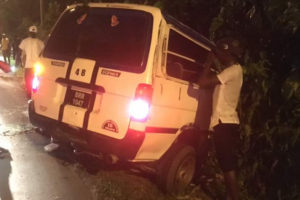 An accident on the Friendship, East Bank Demerara road involving a Route 48 (Sophia/Georgetown) bus and a motor car left several persons seeking treatment at the Georgetown Public Hospital last evening.
Reports are that the minibus which was heading to Georgetown tried to overtake a vehicle when it was clipped on the left side by a car and subsequently flipped over on the side.
One public-spirited citizen related to Stabroek News last evening that he was heading to Georgetown when he saw the accident and decided to render assistance by bringing four of the injured persons to the hospital.
At the hospital, three young women and a man were seen at the Accident and Emergency unit awaiting treatment. No one was seriously injured.