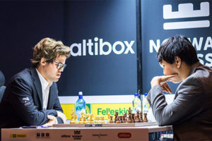 Magnus Carlsen (left) versus Wesley So during their first round encounter at the Altibox Norway Chess Tournament in Stavanger, Norway. Carlsen is the world’s No 1 chess player while So is the No 2. The game ended in a fighting draw. Carlsen persevered with the white pieces but his opponent defended creatively. The tournament is ongoing and ends Friday. (Photo by Lennart Ootes/Chessbase)