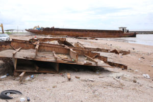 This pontoon has been undergoing repairs on the Kingston seawall for the past three weeks. (Photo by Keno George)