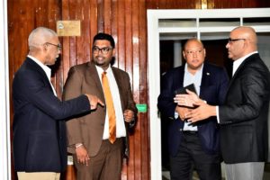 From left are President David Granger, Irfaan Ali, Minister of Natural Resources Raphael Trotman and Opposition Leader Bharrat Jagdeo (Ministry of the Presidency photo) 