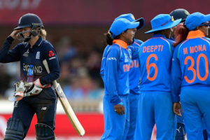 England’s Frances Wilson trudges off after being run out during the 35-run defeat to India on Saturday. (Photo courtesy ICC) 