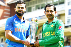 Captains, Virat Kohli, India and Sarfraz Ahmed, Pakistan, with the Champions Trophy.
