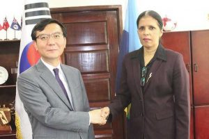 Deputy Secretary-General, CARICOM Secretariat Ambassador Manorma Soeknandan (r) and Republic of Korea Representative to CARICOM Ki-Mo Lim (CARICOM photo).