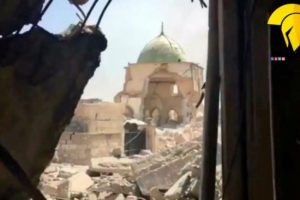 A still image taken from a video shows the destroyed Grand al Nuri Mosque site, said to be shot Mosul, Iraq, June 29, 2017. BROTHERSIRQ/via REUTERS 