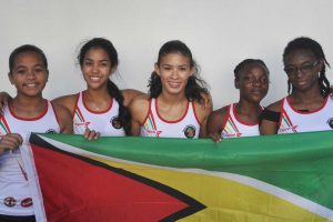 The victorious Guyana girls team following their easy win over Cayman Islands in the Team tournament. From left to right are Kirsten Gomes, Rebecca Low, Taylor Fernandes, Abosaide Cadogan and Makeda Harding. (Orlando Charles photo)