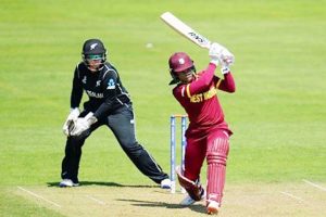 Merissa Aguilleira goes on the attack during her short-lived innings against New Zealand Women on Thursday. (Photo courtesy ICC) 