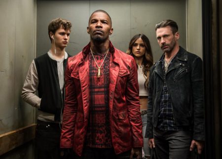 From left are Ansel Elgort, Jamie Foxx, Eiza González and Jon Hamm in a scene from Baby Driver