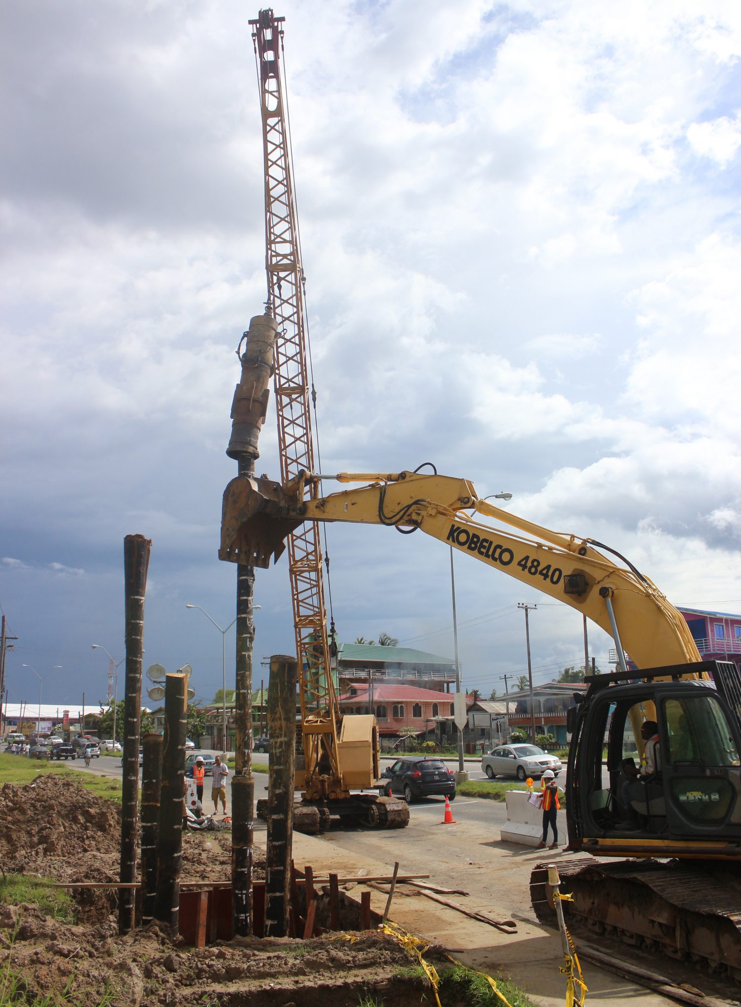 Pile driving for pedestrian overpass:  Pile driving has commenced at Providence for one of the three pedestrian overpasses to be constructed along the East Bank Demerara. (Photo by Keno George)
