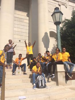 The Guyana team participating in the first Global Robotics Championship for high school students seen in a celebratory mood after moving into first place after three rounds. (Karen Abrams photo)