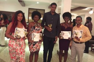 GPA awardees: From left are Mariah Lall, Thandeka Percival, Keno George, Dreylan Johnson and David Papannah, all of Stabroek News, who were among the awardees at the Guyana Press Association’s Awards Ceremony at Herdmanston Lodge last evening. Lall was the winner in the Arts and Culture category, while Johnson won in the Best Feature category.