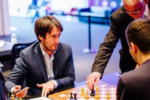 Azerbaijan chess grandmaster Teimour Radjabov won the hotly contested FIDE Grand Prix Geneva Tournament recently with a fighting draw against Russia’s Ian Nepomniachtchi. Nepomniachtchi required a victory to take sole first place but Radjabov denied his wish with energetic play in the final game of the tournament. The exacting Grand Prix series is being conducted to identify two participants for the impending Candidates Tournament. In photo: Radjabov (left) discusses the game following the encounter. (Photo by Valera Belobeev for World Chess)