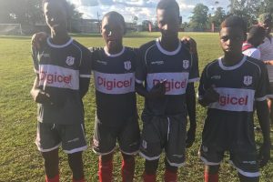 The goal scorers for Christianburg/Wismar Secondary are from left, Jehu Regis (58’, 64’), Kevin Dare (85’), Jernel Williams (73’) and Randy Pickering (21’)