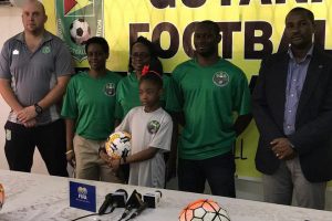  Guyana Football Federation president Wayne Forde, right, at the launch of the Summer Girls Academy Football Programme yesterday.
