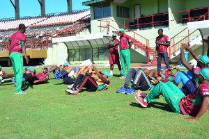 Members of the Guyana Amazon Warriors outfit, going through the paces during their first training session at the Guyana National Stadium, Providence yesterday. (Orlando Charles Photo)
