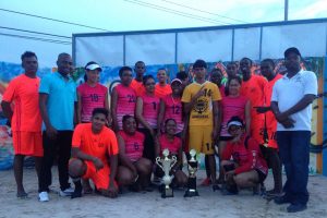 The winning Vanguard and Young Achievers Volleyball teams pose for a photo with DVA’s president and Bartica’s Mayor his worship Gifford Marshall at the conclusion of the league at the Bartica Community Center ground last evening. (Royston Alkins Photo)