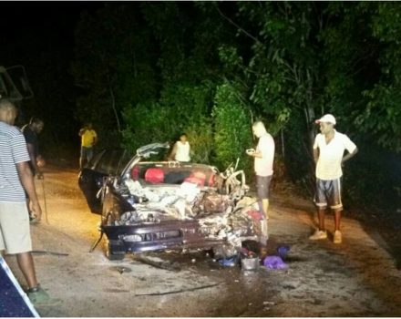 The mangled remains of the car that was involved in the accident along the Linden/Soesdyke Highway which reportedly claimed the lives of three persons 