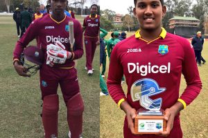 Alick Athanaze and Bhaskar Yadram, right, both scored half centuries as the Young West Indies won the fourth ODI against South Africa U19s yesterday.