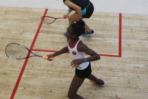 BEST OF ENEMIES! Local girls and close friends Abosaide Cadogan (left) and Madison Fernandes (right) played an entertaining girls Under – 15 semifinal match which was won by Cadogan three sets to one (Royston Alkins Photo)