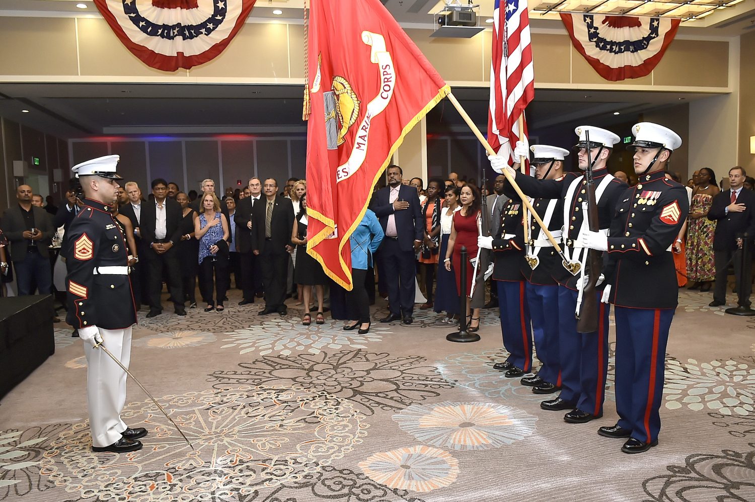 Officers of the United States Marine Corps’ Colour Guard, during the ‘Colour Presentation’