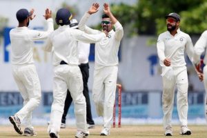 India’s Ravindra Jadeja celebrates with teammates after taking the wicket of Sri Lanka’s Angelo Mathews (not pictured). Reuters photo.
