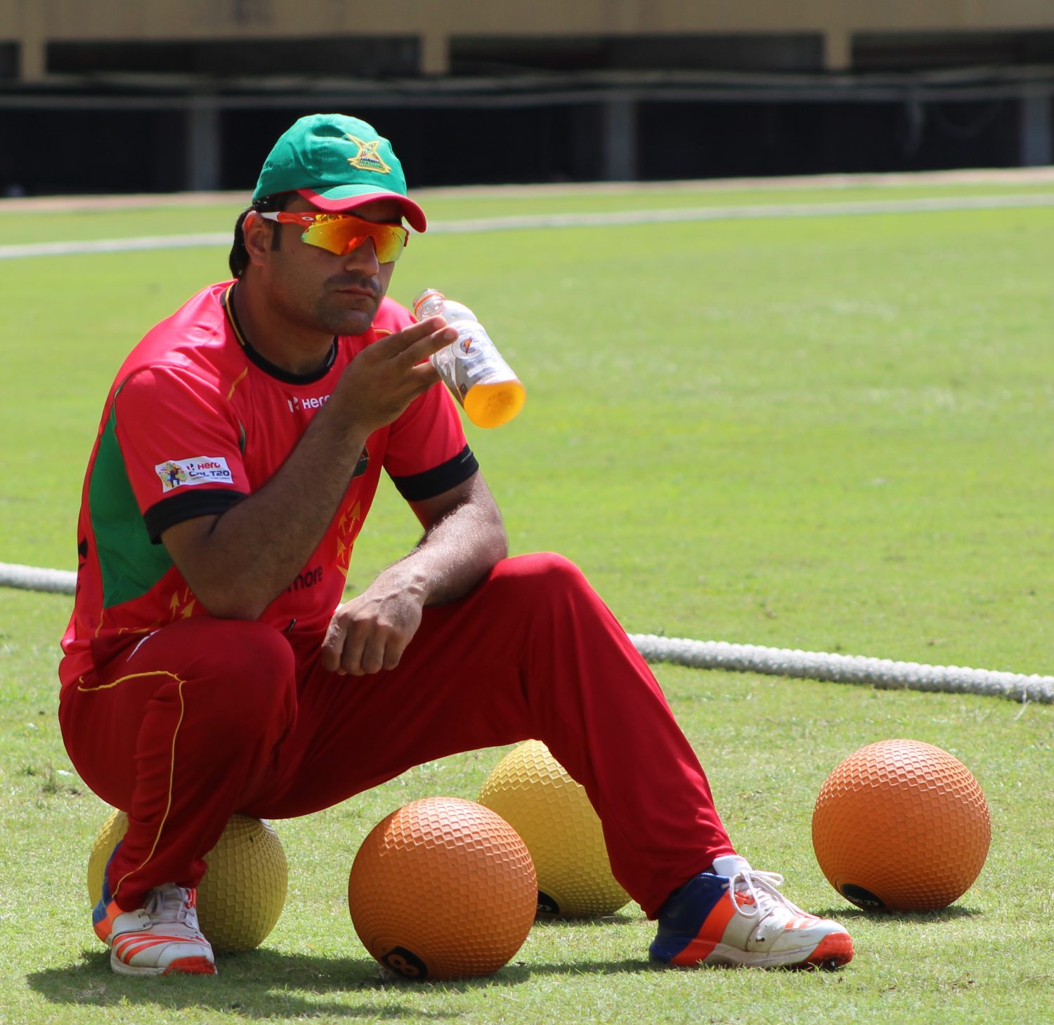 Leg spinner Rashid Khan of Afghanistan, takes a break during yesterday’s net session at the Guyana National Stadium Providence. (Royston Alkins Photo)

 

