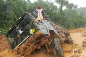 A truck stuck in the mud on the Puruni Road in Region Seven last month 