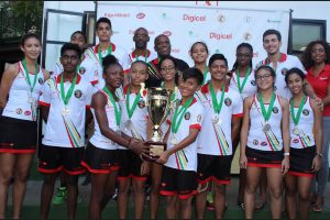 Guyana junior squash team with their runners-up trophy after surrendering the 2017 overall teams championship to Barbados to end their 12-year run as champions (Royston Alkins Photo)