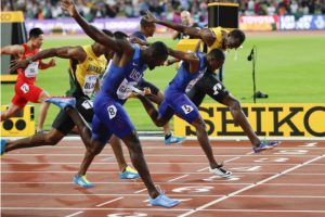 Sprint star Usain Bolt Usain Bolt (far right) suffers defeat to Justin Gatlin in the final 100m of his career.
