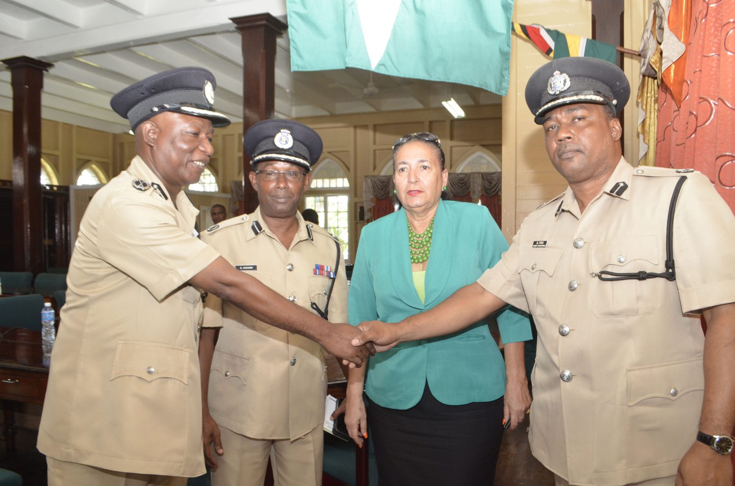From left are Commander of ‘A’ Division Marlon Chapman, Assistant Commissioner of Police, Clifton Hicken,  Mayor of Georgetown Patricia Chase-Green and Chief Constable Andrew Foo (DPI photo)