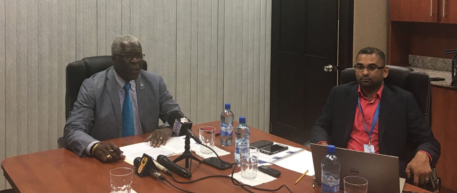 Director-General of the Guyana Civil Aviation Authority (GCAA) Lt. Col (Ret’d) Egbert Field (left) and Director of Air Transport Management Saheed Sulaman at yesterday’s press conference to share the findings of a report on the impact of the aviation industry to Guyana’s economy.