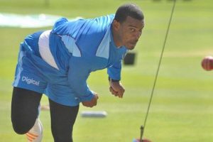 Fast bowler Shannon Gabriel sends down a delivery in the nets in readiness for his first tour game against Derbyshire. (Photo courtesy CWI) 