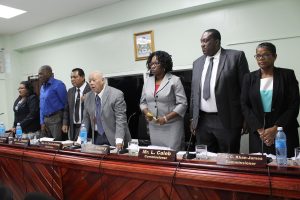 Members of the Presidential Commission of Inquiry (CoI) African ancestral land ownership. From left: Commissioners Berlinda Persaud, Professor Rudolph James, David James, Chairman Rev. George Chuck-A-Sang, Paulette Henry, Lennox Caleb, and Carol Khan James. (Commission of Inquiry photo)