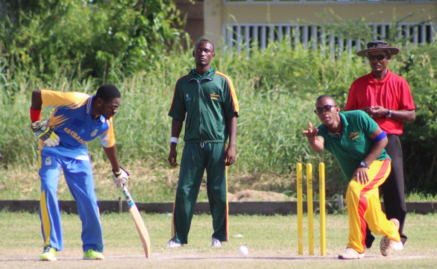 Man of the Match, Guyana’s captain, Kevin Douglas during his bowling spell of 3 for 16 from three overs, which nearly got his side the victory. Earlier he scored 58 during Guyana’s innings (Royston Alkins photo)