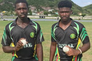Spinners Kevin Sinclair (left) and Ashmead Nedd (right) who together took eight wickets to rout Barbados for 166