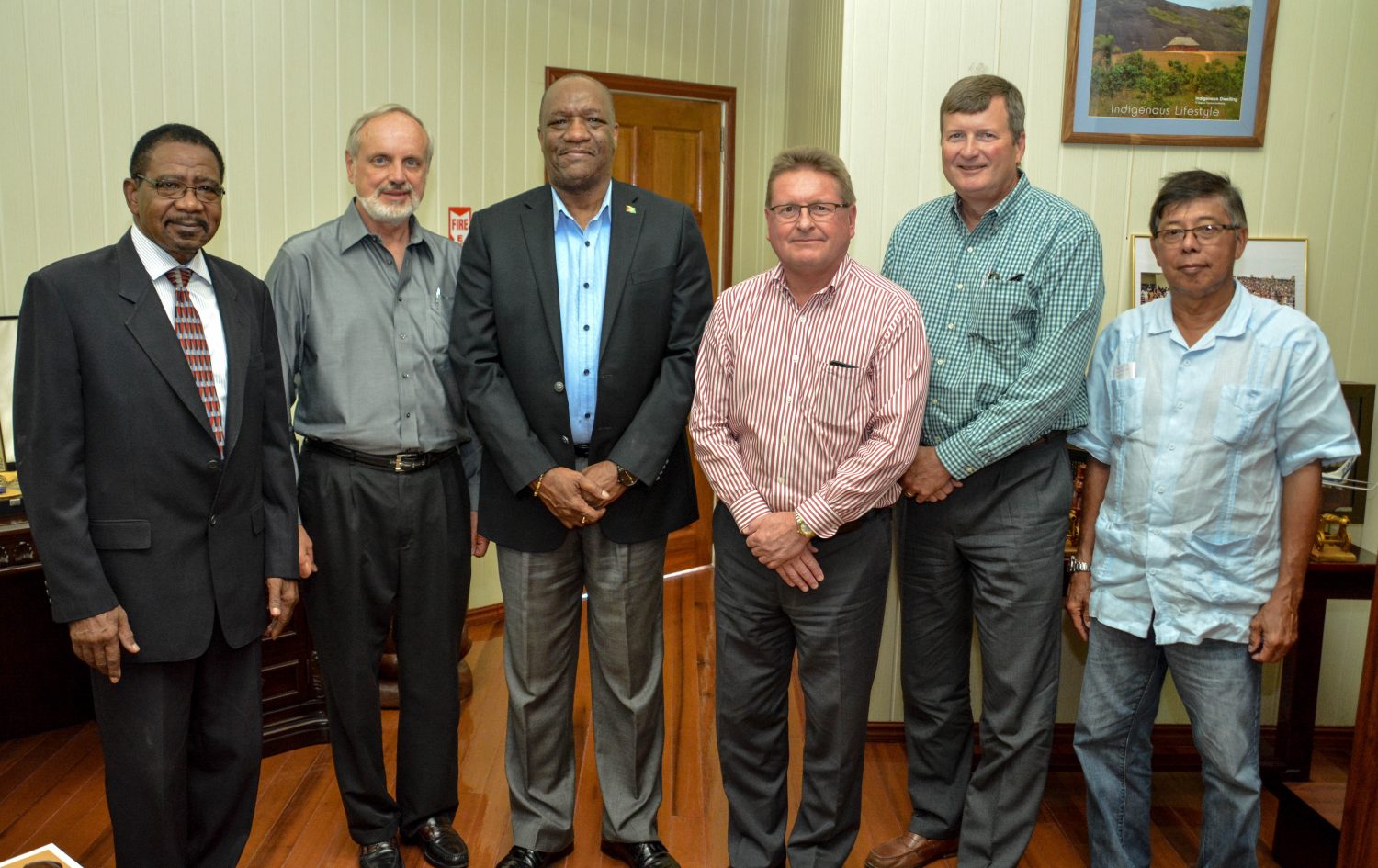 From left are Robert Corbin, Legal Counsel, First Bauxite Corporation (FBX);  Larry Washow, Chairman of the Board of Directors, FBX Corporation; Minister of State,  Joseph Harmon;  Alan Roughead, President and Chief Executive Officer, FBX Corporation;  Bill White, Chief Financial Officer and  Stanley Ming, Chairman of the Board of Directors of the Guyana Geology and Mines Commission. (Ministry of the Presidency photo)  
