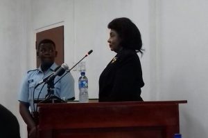 Justice Claudette Singh on the witness stand during yesterday’s hearing of the Commission of Inquiry set up to investigate the alleged plot to assassinate President David Granger.