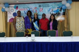 Miss World Guyana Vena Mookram (centre) with (from left) Presi-dent of the Guyana Dia-betic Association Glynis Beaton, President of Young Leaders in Diabetes Keziah Nestor, Fitness trainer Romel and Dr Shanti Singh-Anthony at the launching of ‘Sweet Vigor.’ 