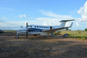 The twin-engine Beechcraft that was seized on an illegal airstrip in the North Rupununi on Sunday.