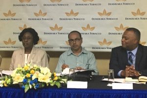 From left are: Maurlain Kirton, Managing Director of Demerara Tobacco; Chandradat Chintamani, member of the board; British American Tobacco representative on the board, Raoul Glynn at the press briefing yesterday at the Cara Lodge Hotel.
